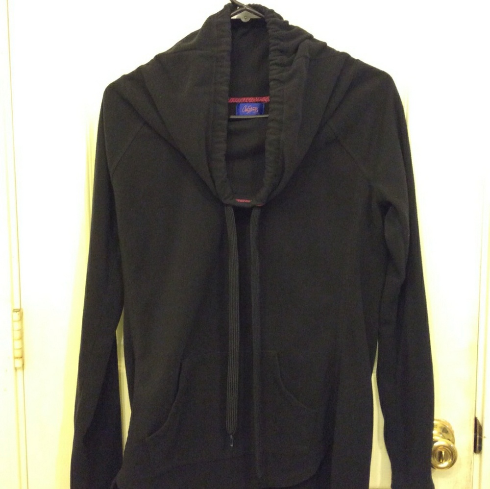 City Streets fuzzy black sweater with strap pulls